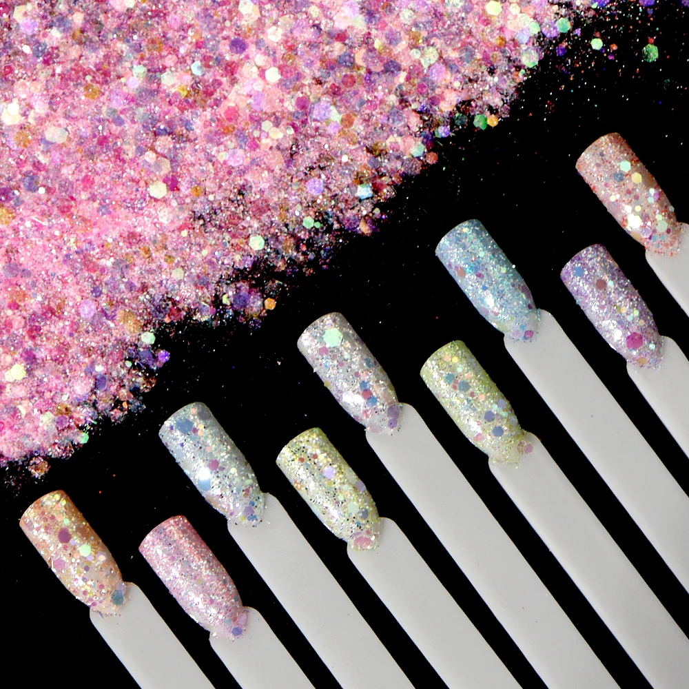 

50g/Bag Holographic Aurora Mermaid Chunky Glitter Diamond Laser Sequin Flakes Hexagon Mixed 0.2/1/2/3 mm Nail Art Flash Glitter