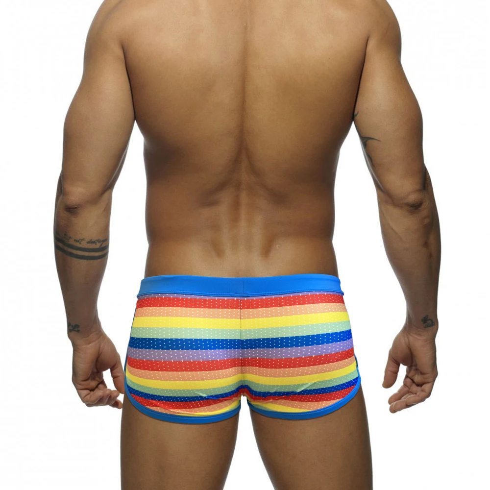 Summer Side Split Mens Swimwear Sexy U Pouch Rainbow Beach Swimming Trunks Nylon Quick Dry Board Shorts Male Sport Bathing Suit