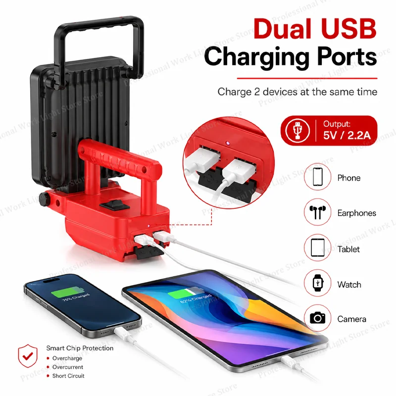 For milwaukee m18 work light suitable for 18v battery, Upgraded 60W 9000LM Cordless LED Work Light with 2 USB Charging Port