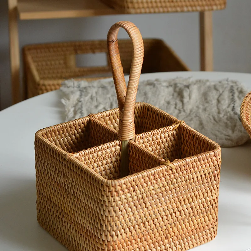 Hand Woven Rattan Storage Basket Household 4 Grid Storage Baskets Whit Handle Coffee Table Top Wine Glass Remote Control Storage