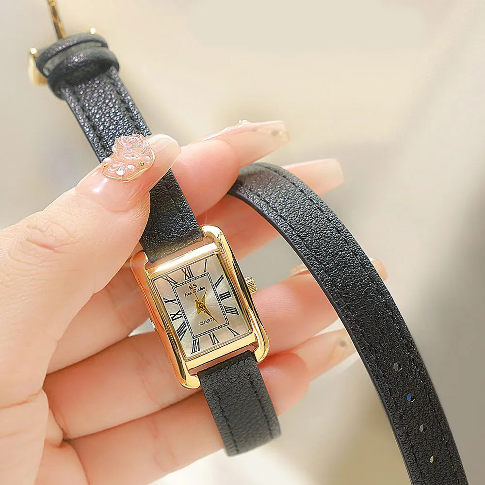 Vintage Calfskin Watch Strap Rectangular Small Dial Quartz Gold Watch Fashion Waterproof Brown Women\'s Wristwatch Montre Femmes