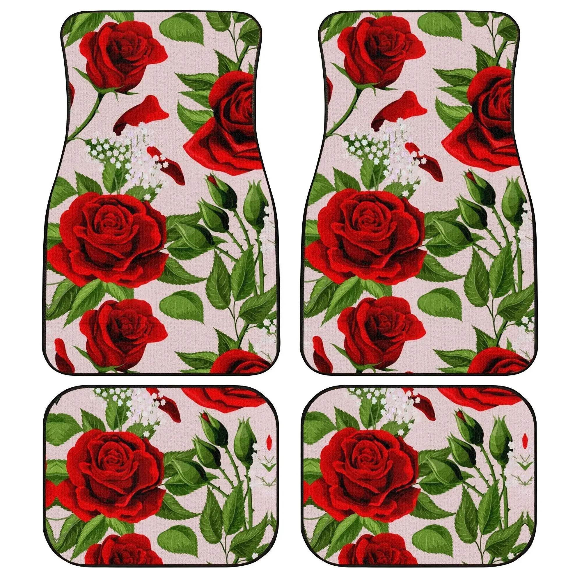 Aimaao Red Rose Flower Pattern Car Floor Mats Stylish Decor Carpet Floor Mats Front & Rear Full Set Universal Fit Cars SUV