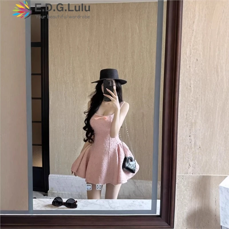 EDGLuLu Sweet Square Collar Bow Splicing Spaghetti Strap Dress Woman Sleeveless Backless Pink White Party Dress 0113