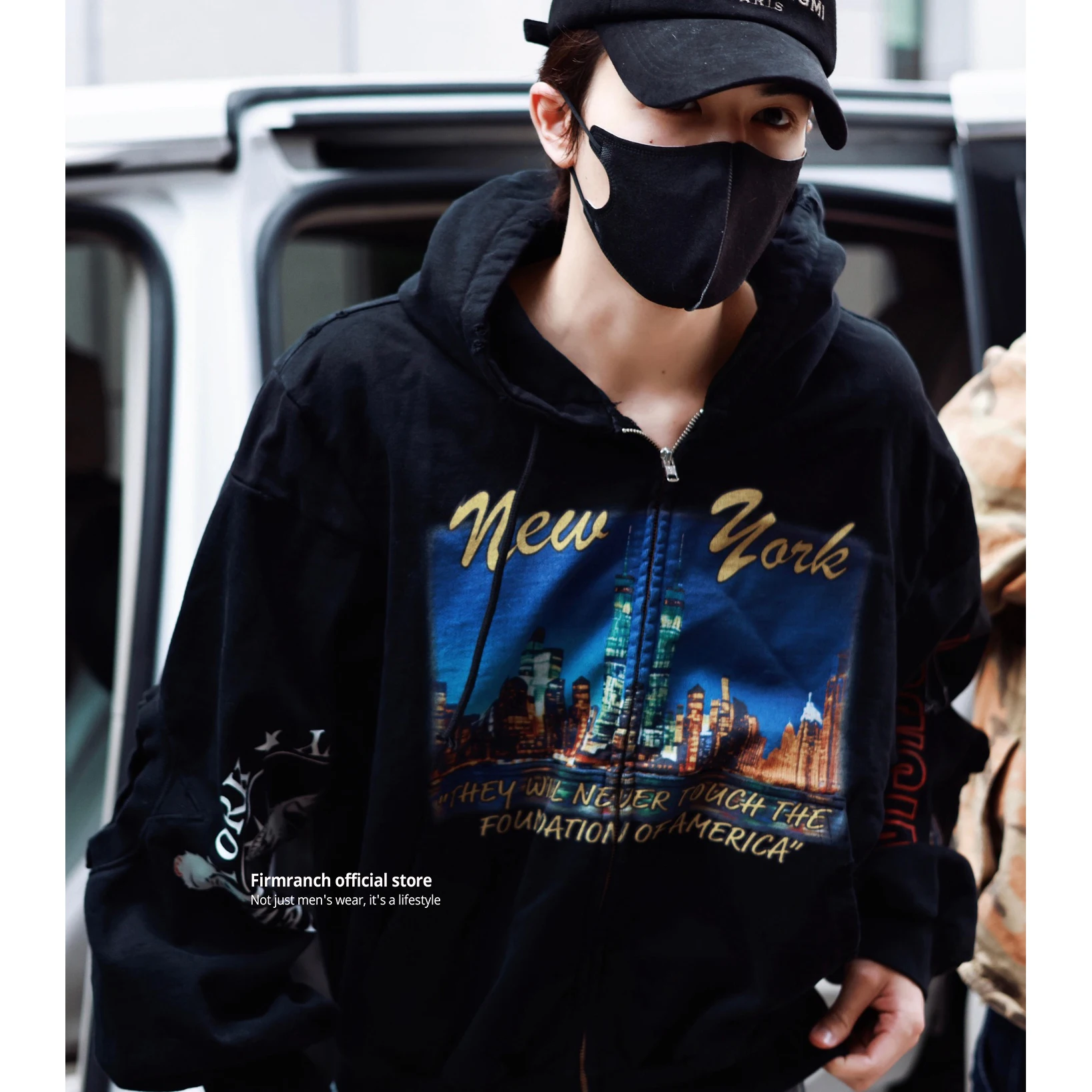 Firmranch 2026 Korean Fashion Retro Washed Black Printed, Splicing, Zipper Hoodie For Men Women High Street Loose Jacket
