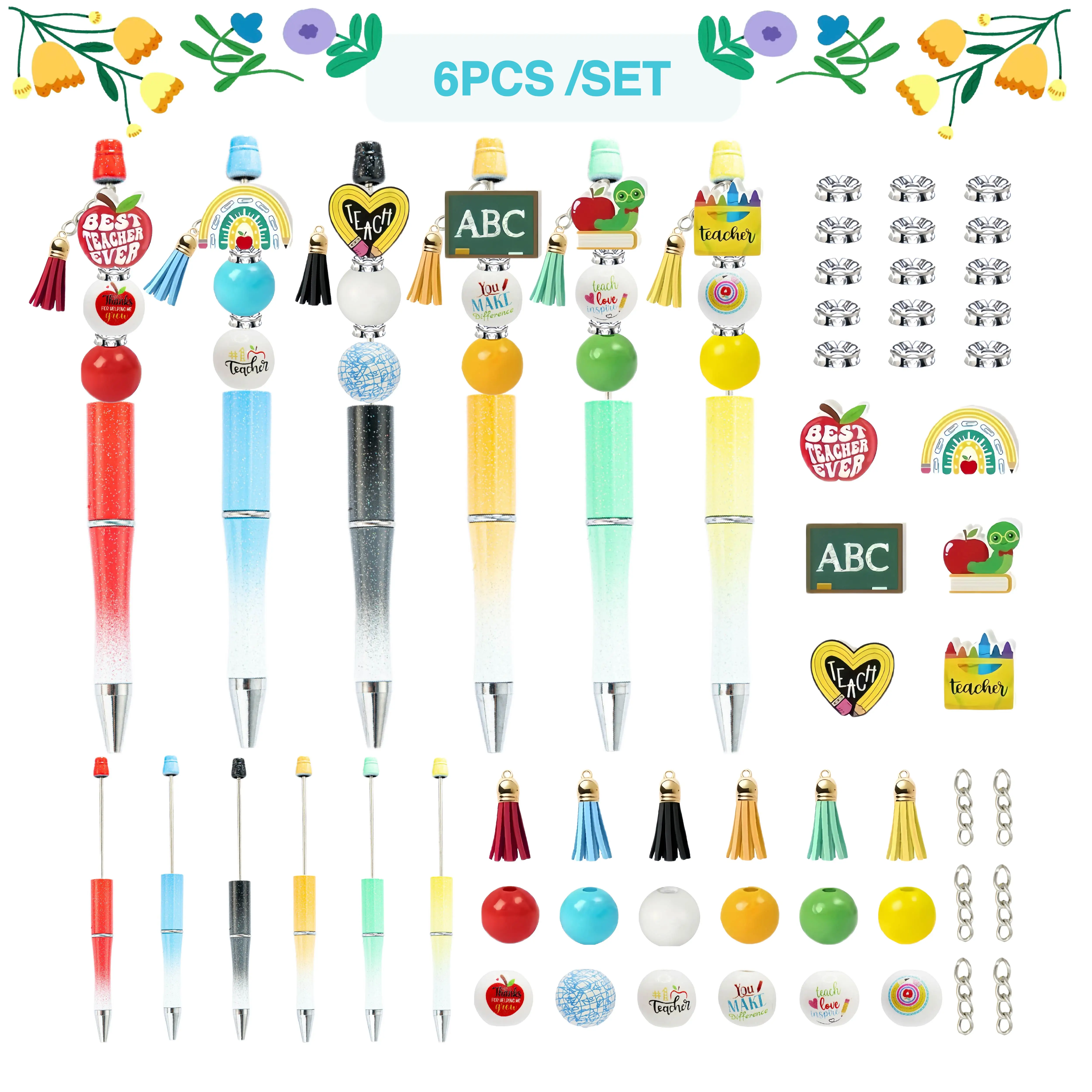 

6 шт., тема выпускного сезона учителя, шариковая ручка из бисера «сделай сам», набор деревянных бусин, принадлежности для офиса и учебы