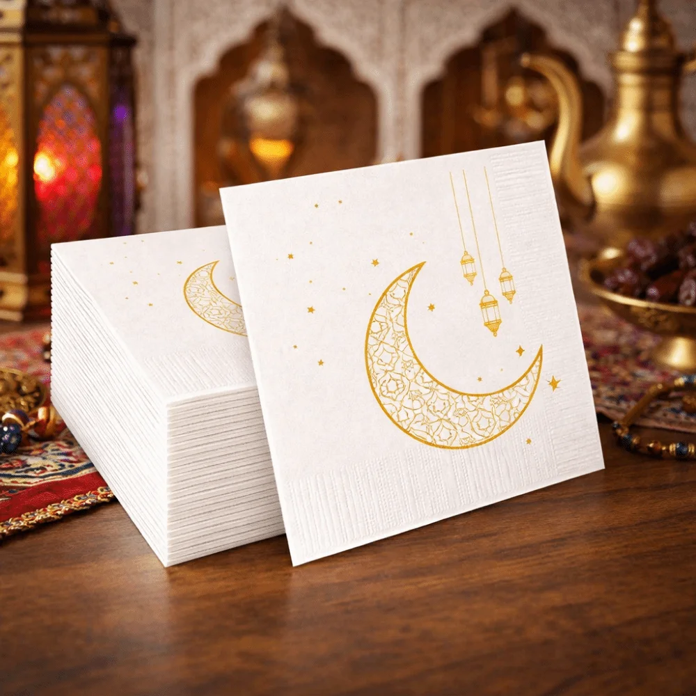 25Pcs Moon Printed Ramadan Party Napkins White Gold DIY Eid Al-Fitr Napkins Decorative Soft Islamic Tableware Paper