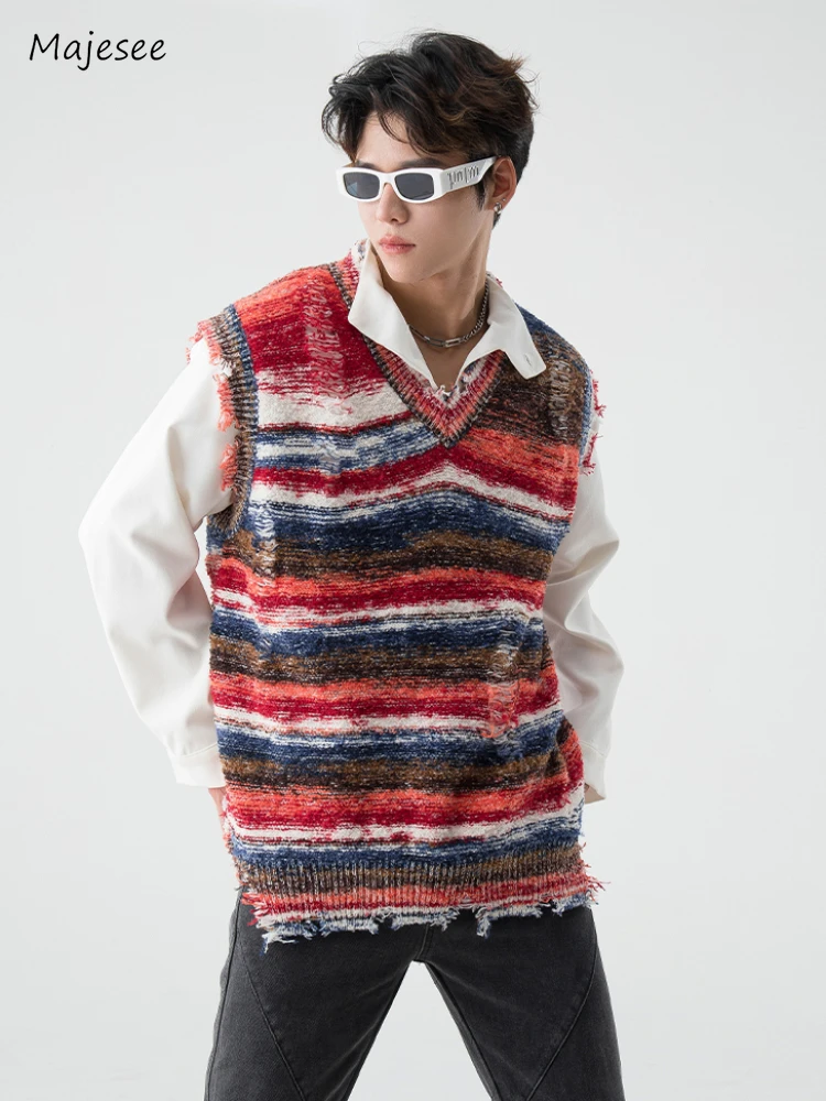 Sweater Vest Men Colorful Hole Raw Edge American Style High Street Males Striped Knitwear All-match Fashion Sleeveless Autumn