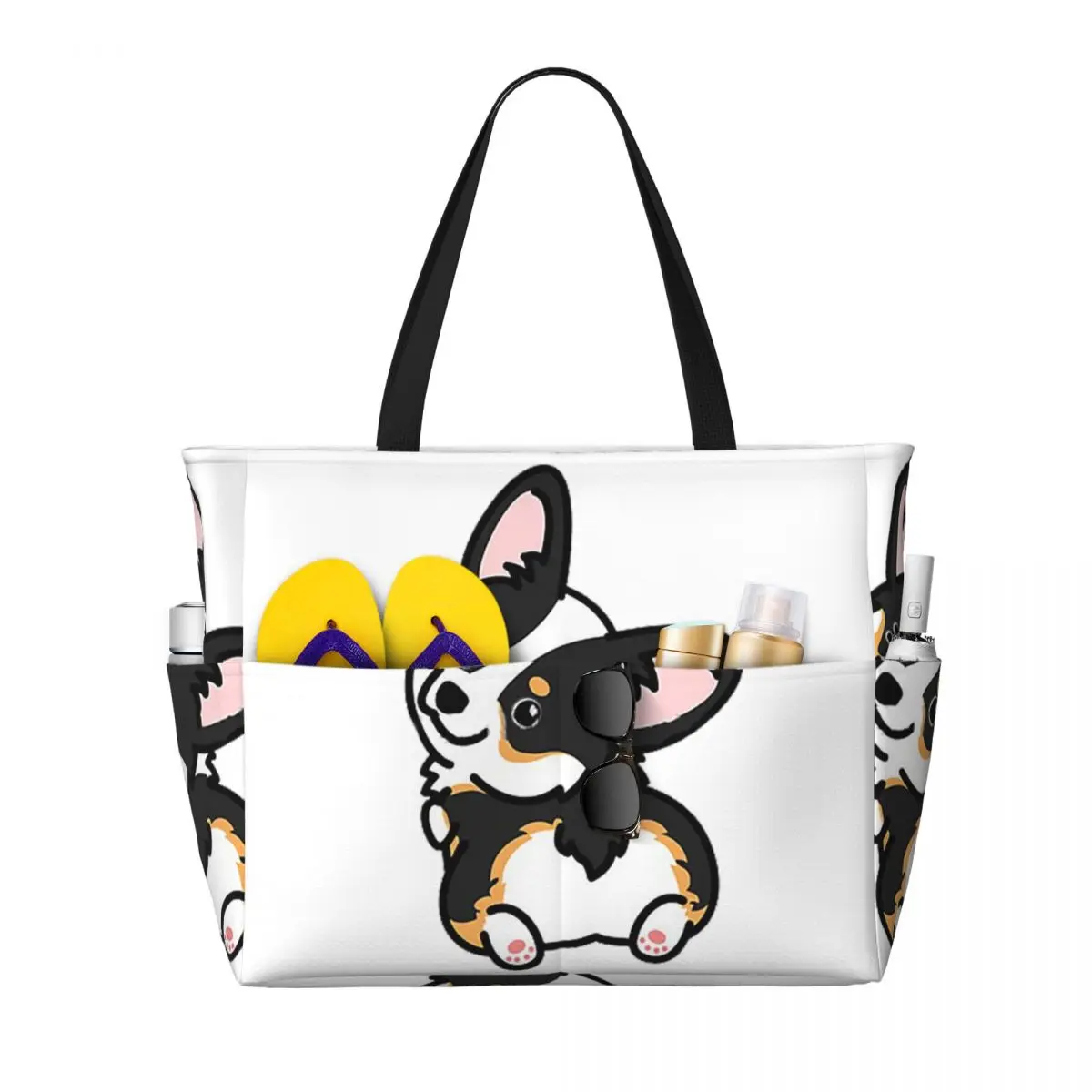 

Black Tricolor Corgi Beach Tote Bag Sport Gym Yoga Duffle Large Tote Bag Women Travel Bag Fitness bag