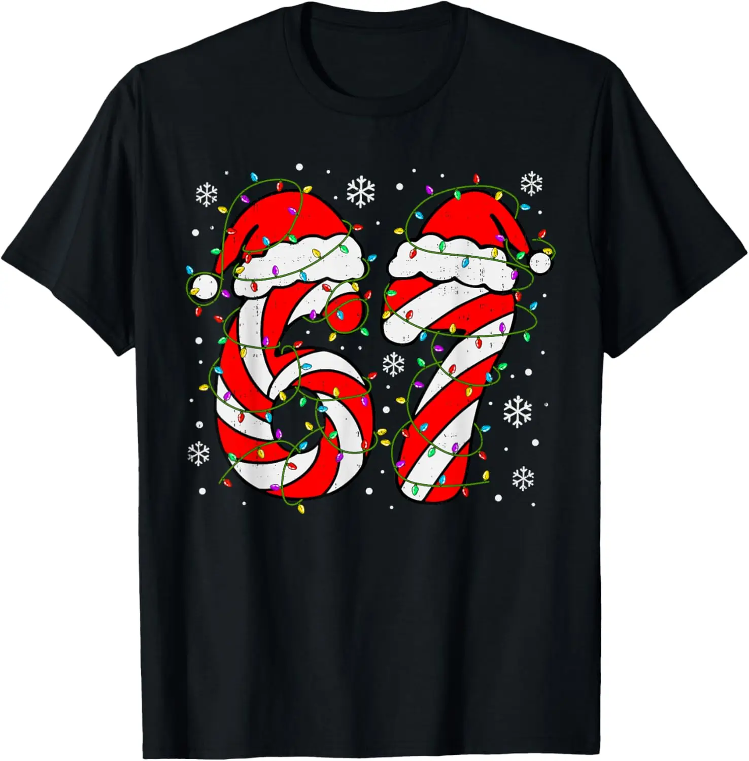 Christmas 67 Candy Cane Six Seven Meme Lights Santa Hat Xmas T-Shirt Summer Short-Sleeved Breathable Sweat-Wicking Versatile
