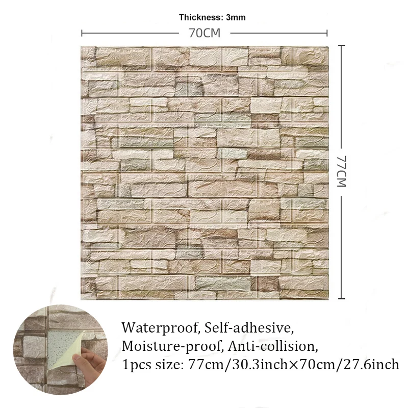 12pcs/bag 3D Brick Wall Sticker Bedroom Living Room TV Wall Decoration 77x70cm Waterproof Self-Adhesive Wallpaper