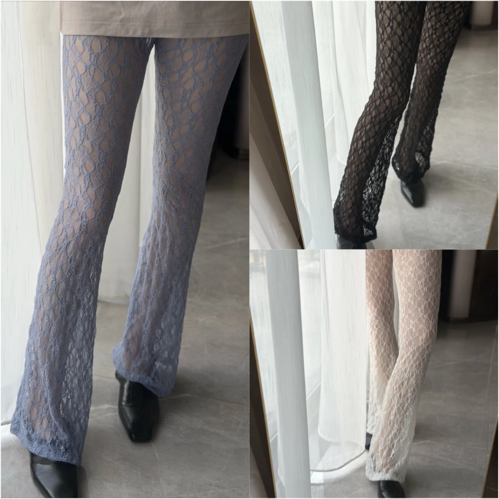 Y2K Hollow Out Lace Flare Pants Ladies Elastic High Waist Sheer Mesh Bell Bottom Pants Casual Beach Cover Up Trousers Decoration