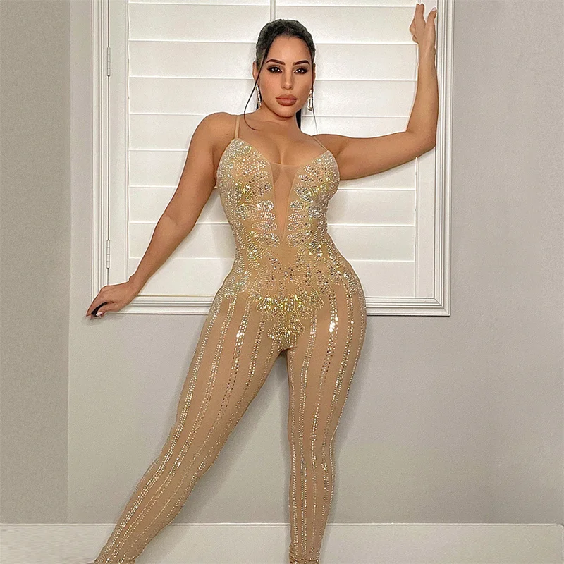 

Luxury Crystal Rhinestone Nightclub Jumpsuit Women Birthday Outfits Party Mesh Sheer Bodycon Rompers Elegant Overalls Clubwear