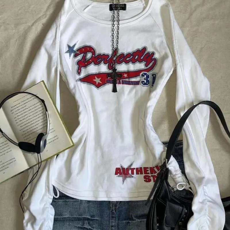 American Vintage Print T-Shirt Y2K Women Long Sleeve T-Shirts Hot Girls Gothic Retro Tops Casual Harajuku Tees Streetwear
