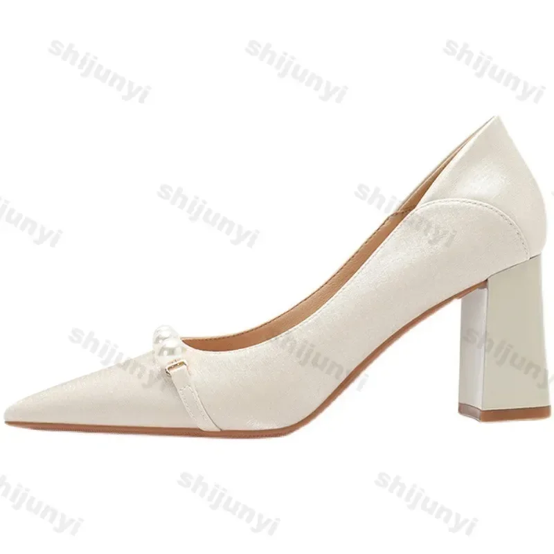 Fashion Pointed Pearl High Heels Shoes Women White Wedding Shoes Thick High Heels Party Pumps Woman Footwear Zapatos De Mujer