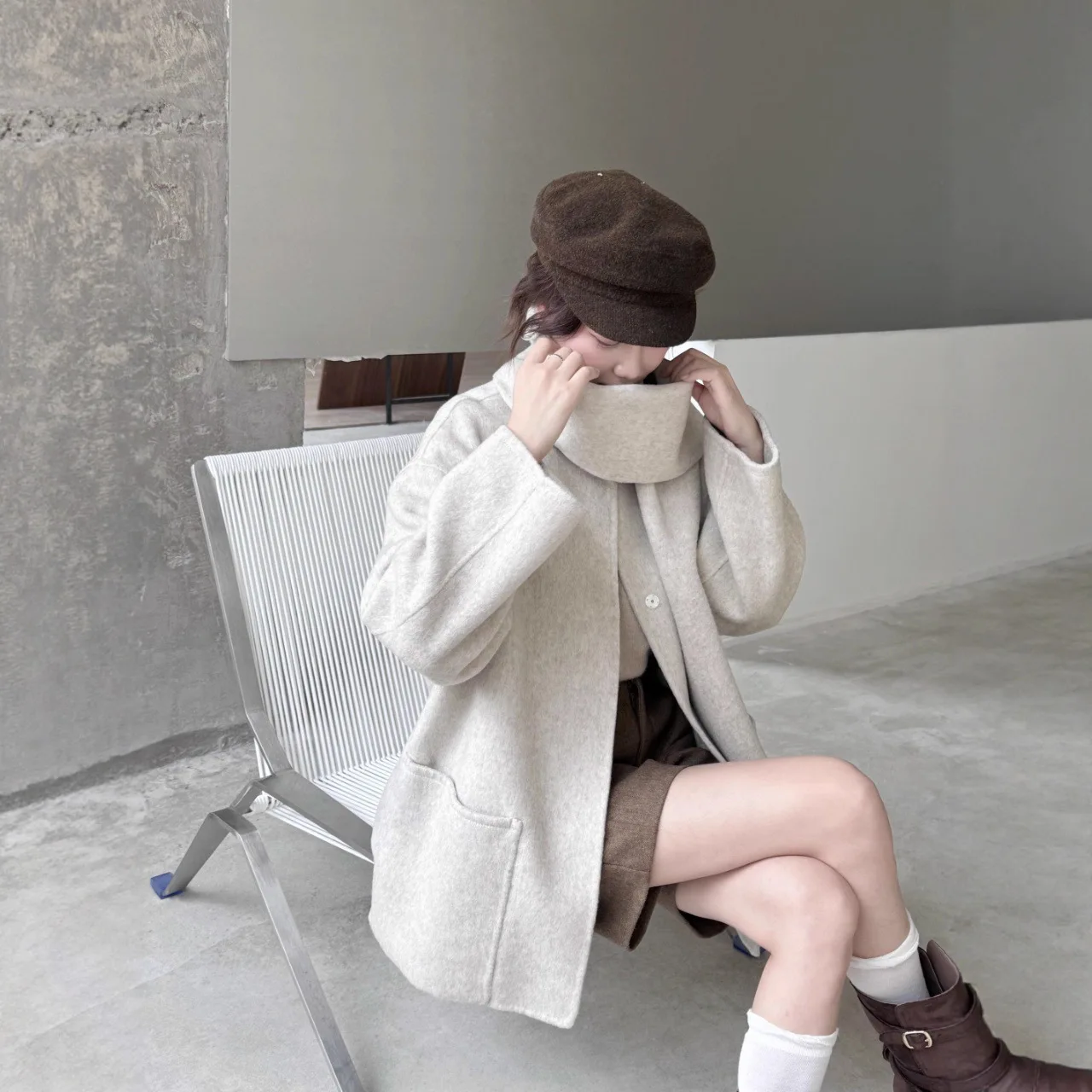 UMI MAO Scarf Collar Double-Sided Wool Coat For Women Short Style New Autumn Winter Design Woolen Coat Women Femme Y2K