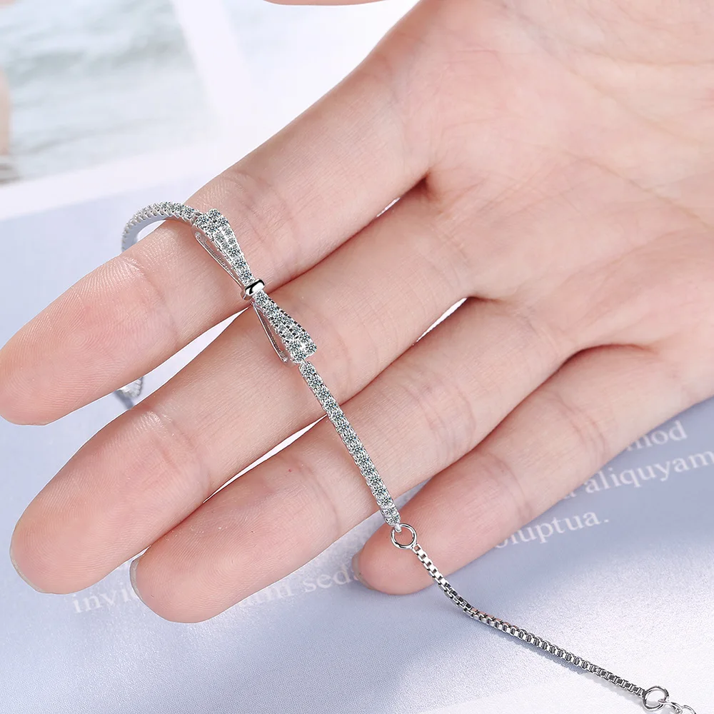 Hot Sale Fashion Silver Color Bracelet Chain Bownot Inlaid Zircon Plata Pendant Bracelet Chain for Women\'s Wedding Jewelry Gift