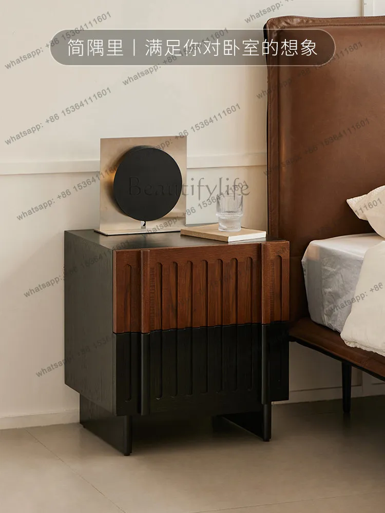 Grid color matching bedside table medieval solid wood bedroom storage retro double-layer small cabinet