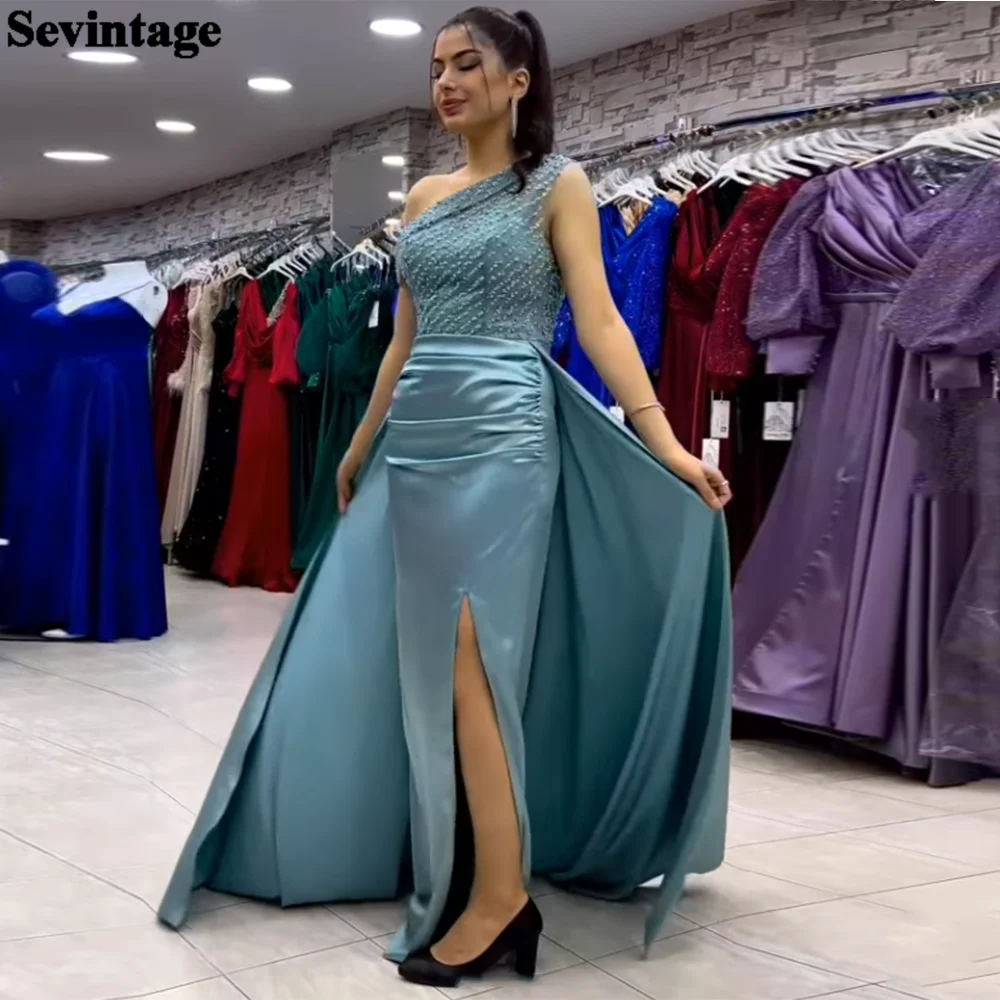 

Sevintage Shiny Beaded Mermaid Evening Dresses One Shoulder Satin Slit Side Bodycon Prom Gowns Formal Women Party Occasion Dress