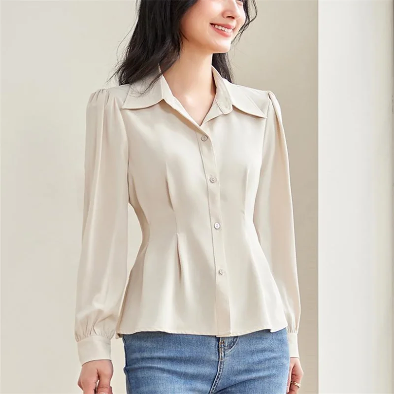 Grace Femme Shirt OL Chiffon Shirt For Women Waist Wrapped Top Laple Long Sleeve Cardigan Blous Button Up Pleated Ladies Blouses