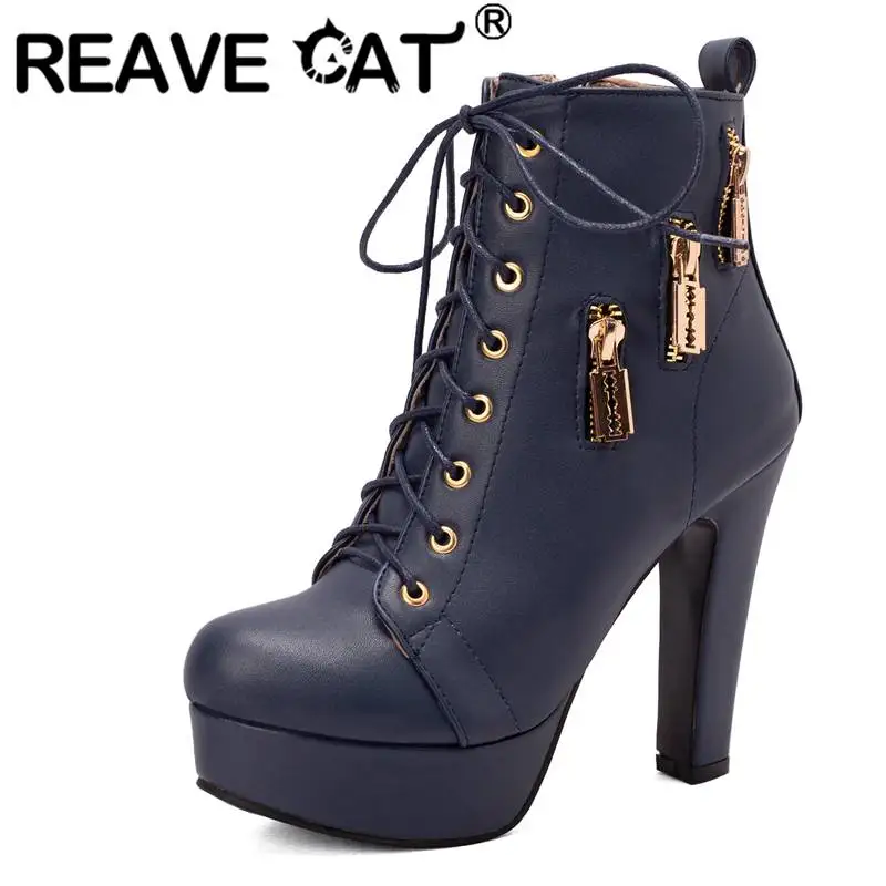 REAVE CAT Ladies Boots Ankle 10.5cm Round Toe Platform 2.5cm High Block Heel 12cm Lace-up Decoration Big Size 34-50