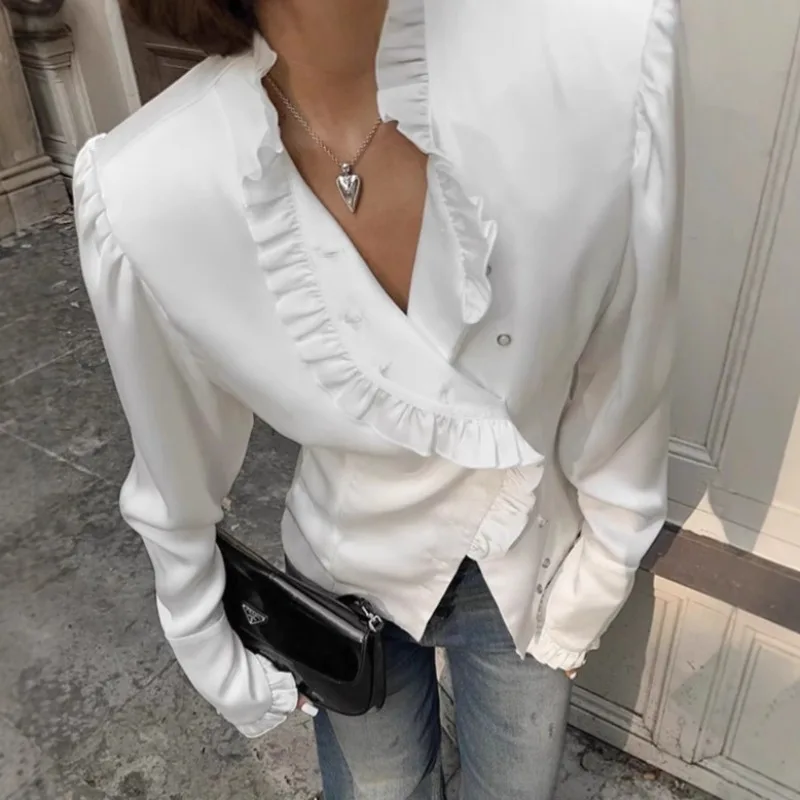 Lace Patchwork Shirt Jacket Single Breastedd New Tierred Lapel Slim Coat French Elegant Long Flare Sleeves White Solid Clothings