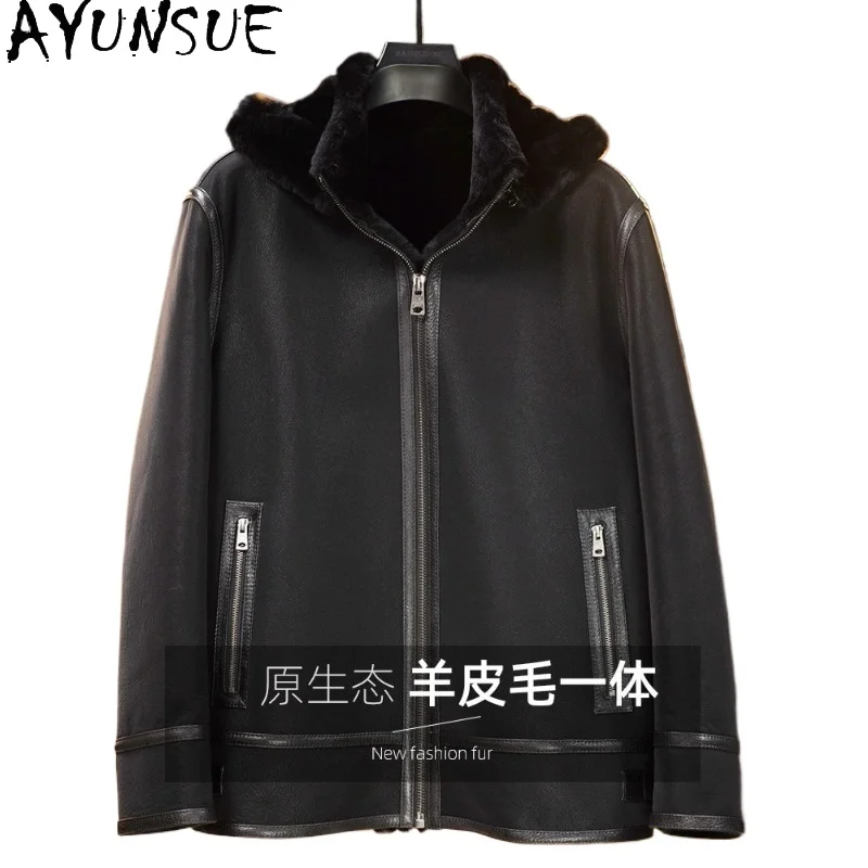 AYUNSUE Black Real Fur Coat Men Clothing Warm Hooded Winter Natural Shearling Jacket Thickened Genuine Mens Leather Fur Coat