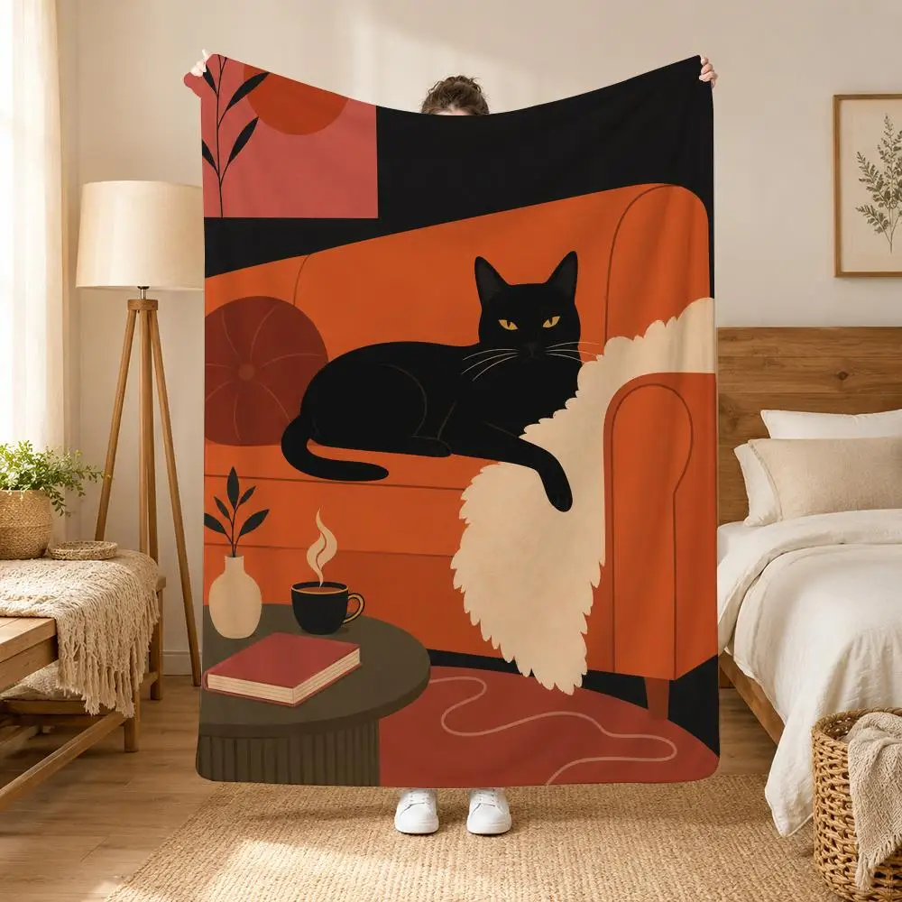 Black Cat Smoking a Cigarette Vintage Throw Cozy Summer Nap Flannel Blanket Soft Throw for Office, Couch, Travel & Bed