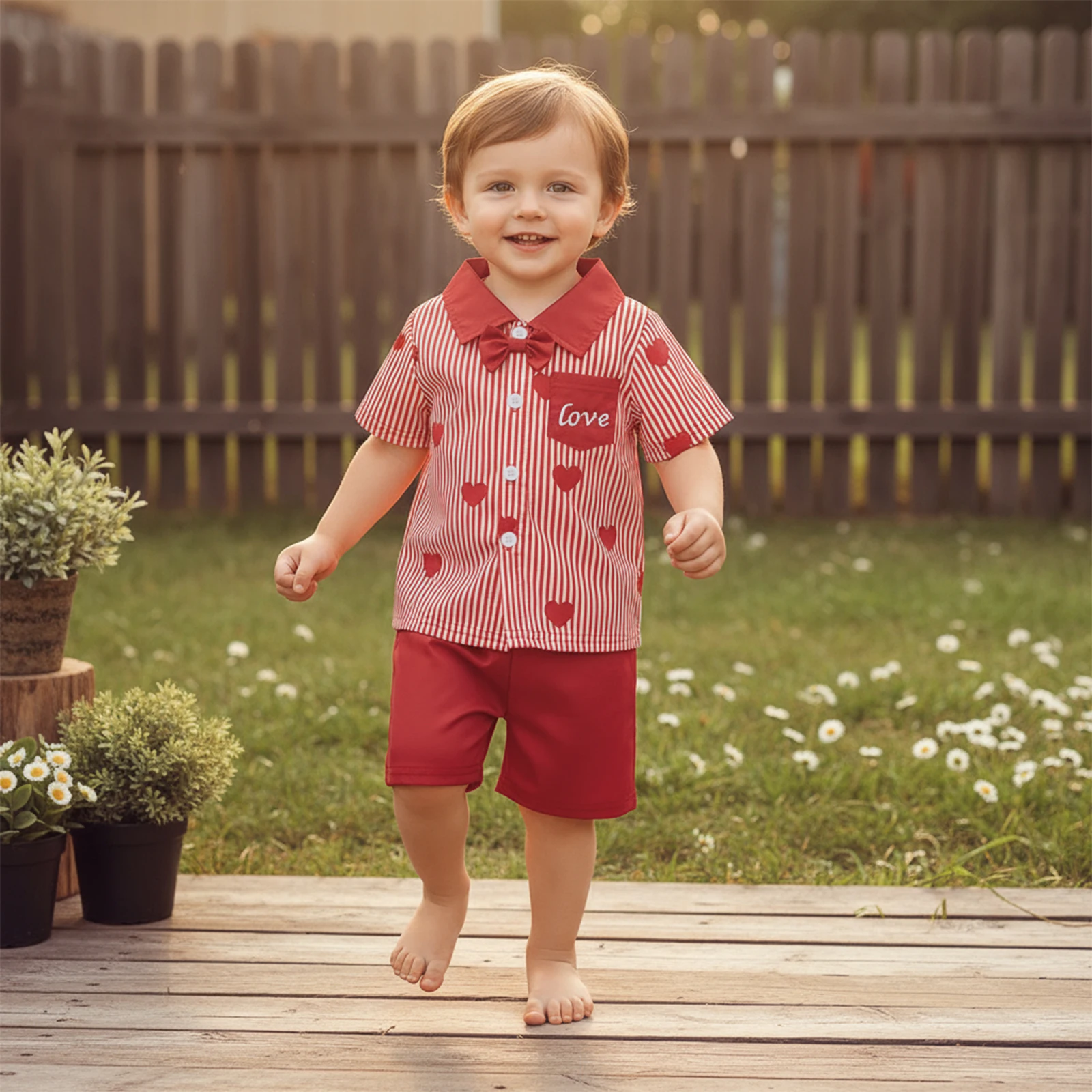 طقم شورت للأولاد لعيد الحب بأكمام قصيرة وقمصان مطرزة على شكل قلب وسروال قصير بلون موحد #4
