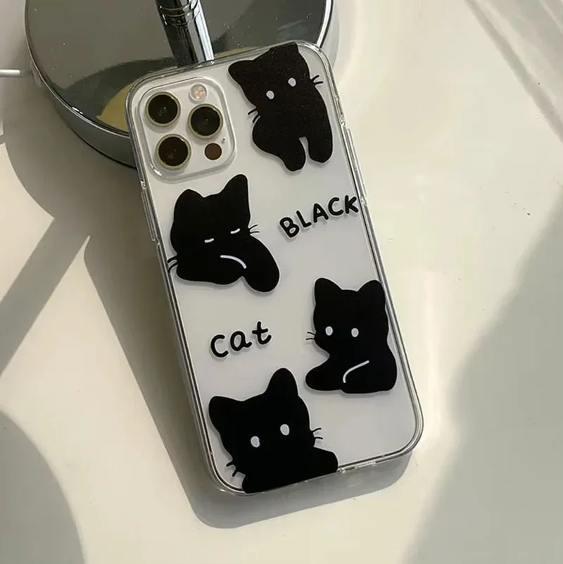 Black Little Cat Phone Case for iPhone 16 15 14 13 12 11 Pro Max X Xs Max XR 12 Mini Soft Clear Cover Transparent Fundas