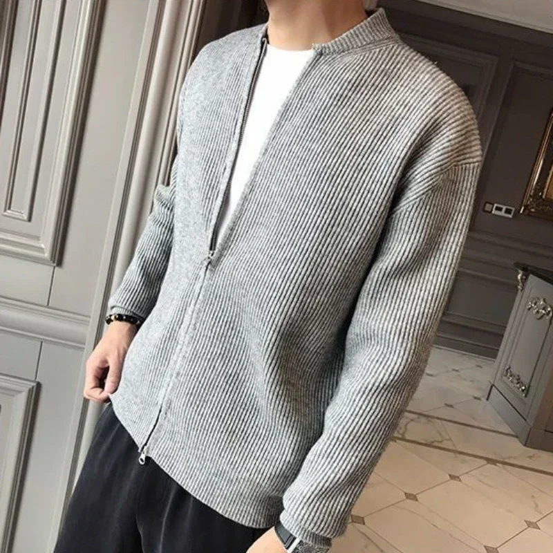 Man Clothes Coat Zipper Plain Knitted Sweaters for Men Jacket Zip-up Cardigan Solid Color Collared Thick Winter Spring Autumn X