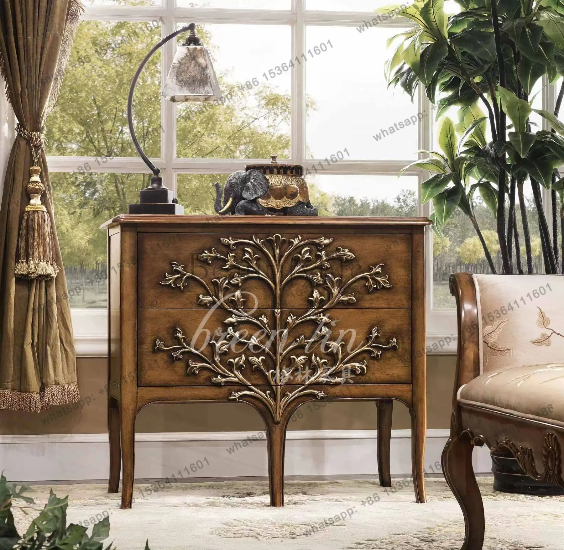 

Американский шкаф для прихожей во французском неоклассическом стиле, из массива дерева, с резьбой, тумба для гостиной с декором в виде денежного дерева.