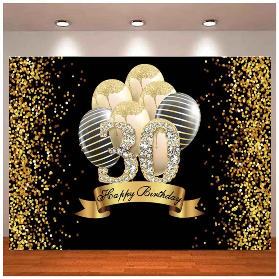 

Photography Backdrop Gold Glitters Dots Happy 30th Birthday Party Background Shining Diamonds Balloons Pattern Customize Photo