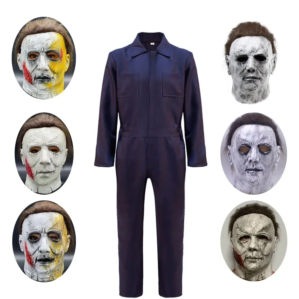 Halloween Michael Myers Cosplay Costume Latex Horror Masks Jumpsuit Set Creepy Demon Killer Role Paly Halloween Carnival Party