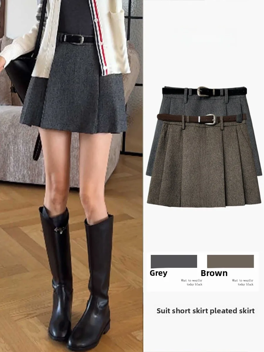 

Women's Woolen Plaid Skirt High Waist A-Line Commuter Sle Suiting Polyester Fiber Folded ort Skirt