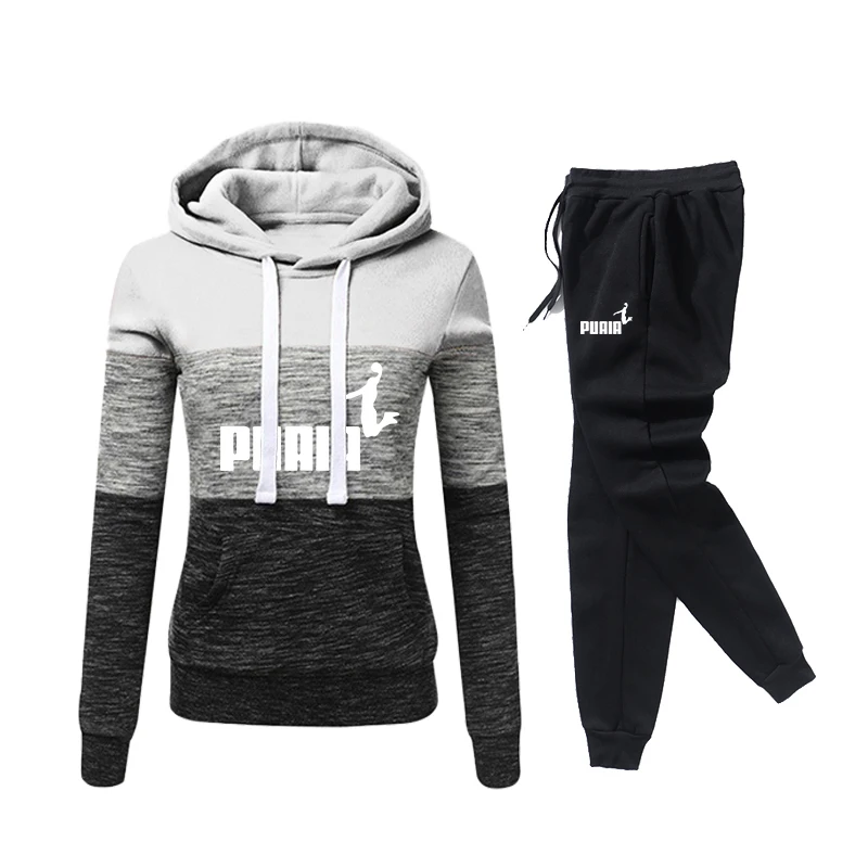 2024 Women Tracksuit Color Block Hooded Sweatshirt High Quality Sweatpants Casual Jogging Pullovers Lady Sport Trousers Outfits