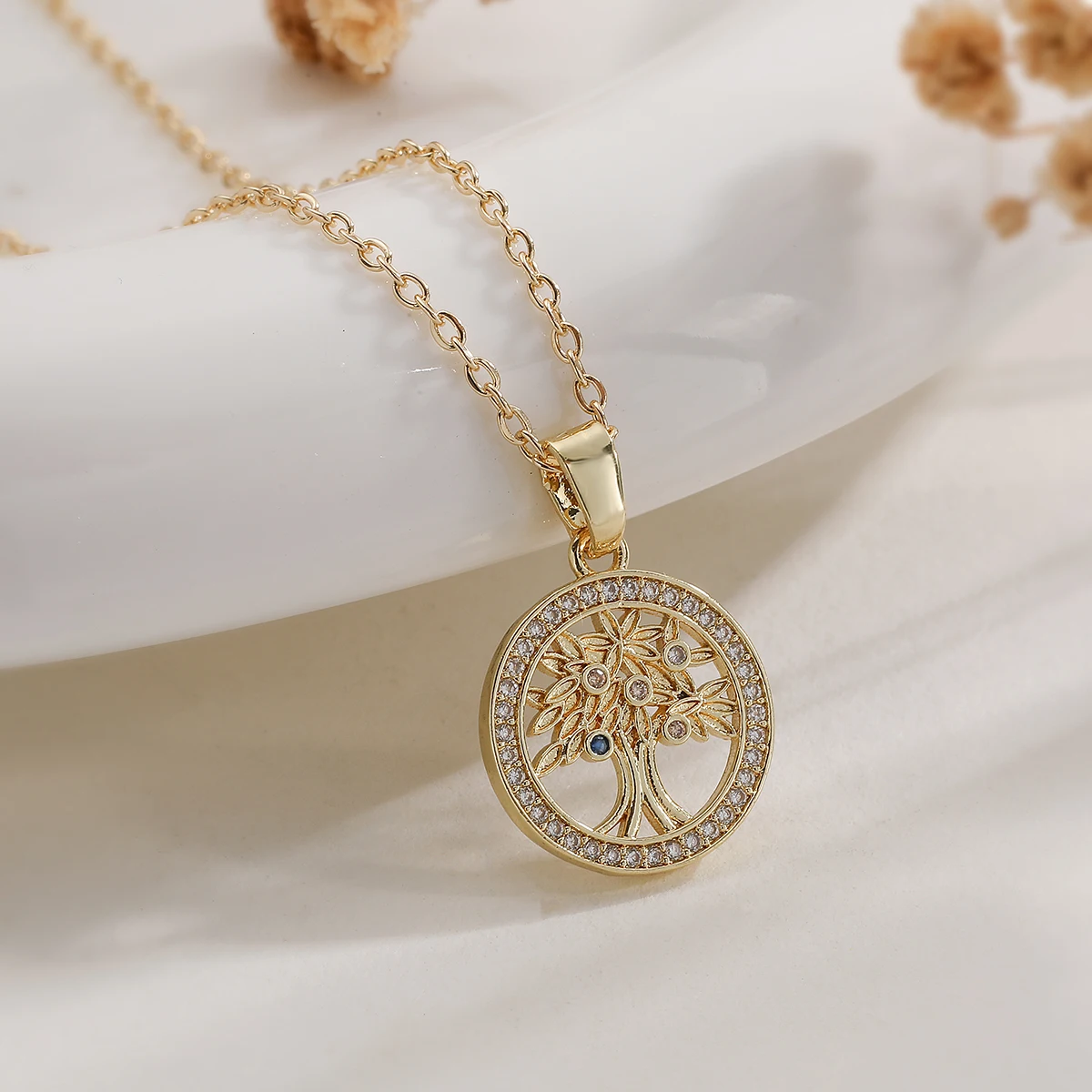 NEWBUY 2025 Trendy Gold Color Copper Jewelry Shiny AAA CZ Zircon Inlay Life Tree Pendant Necklaces For Elegant Women