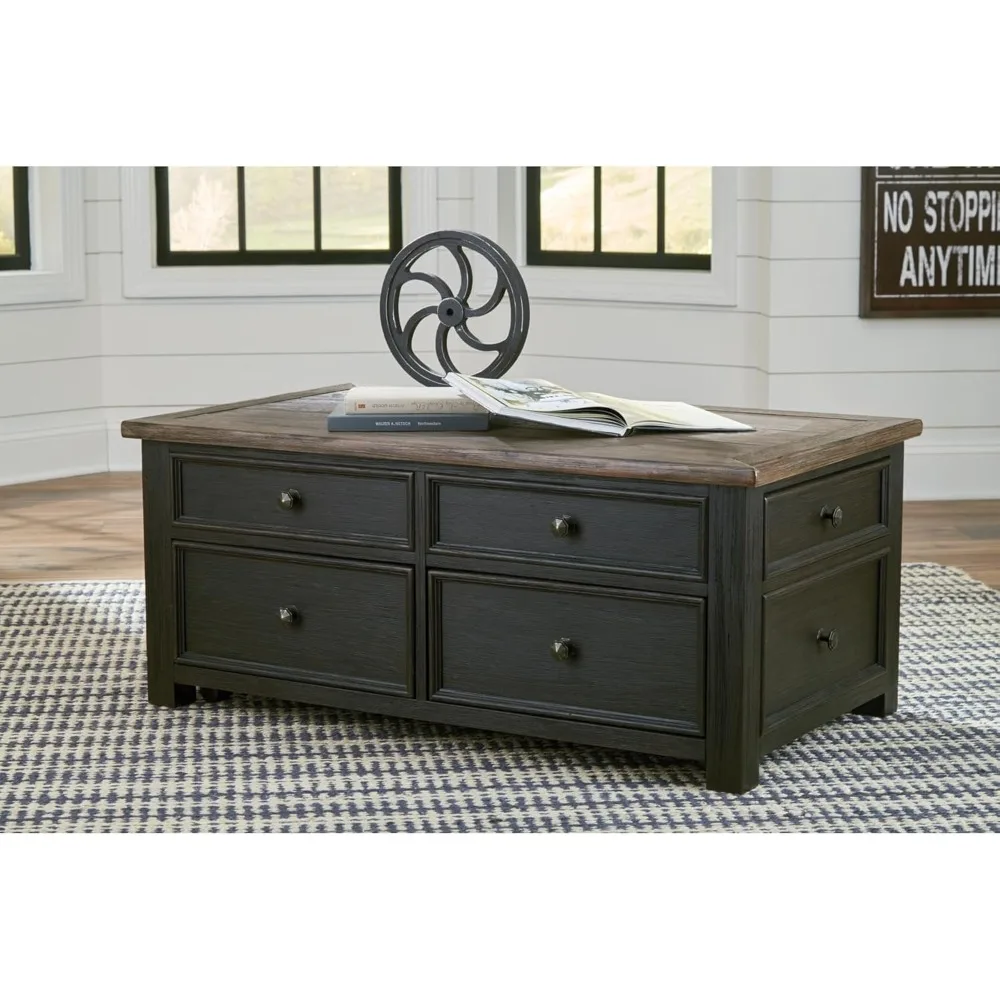 Rustic Farmhouse Lift Top Coffee Table with Drawers, Brown & Black