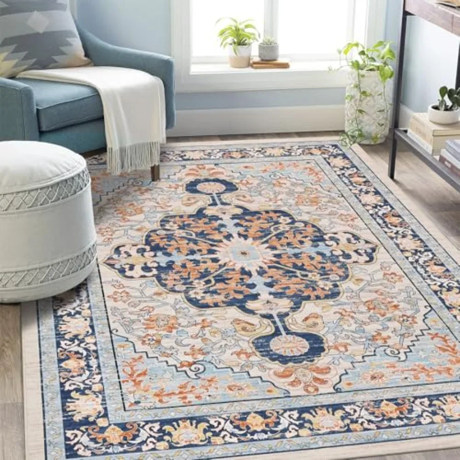 

Boho Vintage Area Rug 5x7 Machine Washable Low Pile Soft Floor Carpet Non Slip Non Shedding Accent Rug for Living Room Bedroom