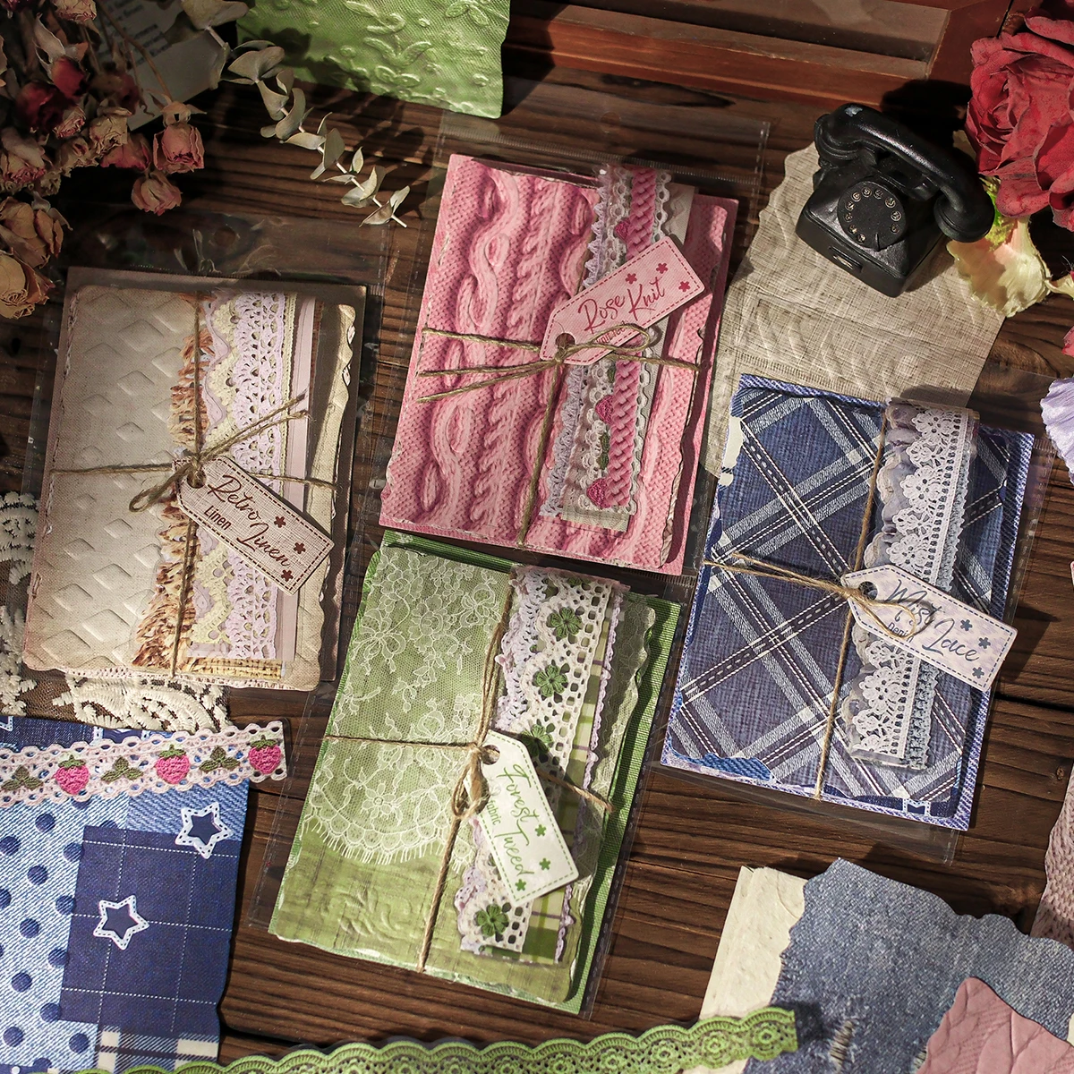 16pcs Weaving Light Picking Series Material Paper Decorative Stickers Knitted Texture Embossed Background Papers DIY Supplies