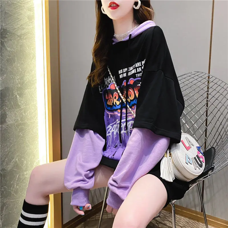 Long Sleeve Pullovers Hooded Sweatshirts Fashion Loose Casual Patchwork Printing Lacing Streetwear Young Style Women Clothing