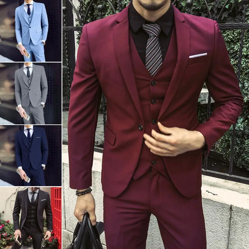 Traje de tres piezas para hombre, conjunto de traje de negocios Formal elegante con abrigo ajustado, pantalones, chaleco, atuendo clásico de boda