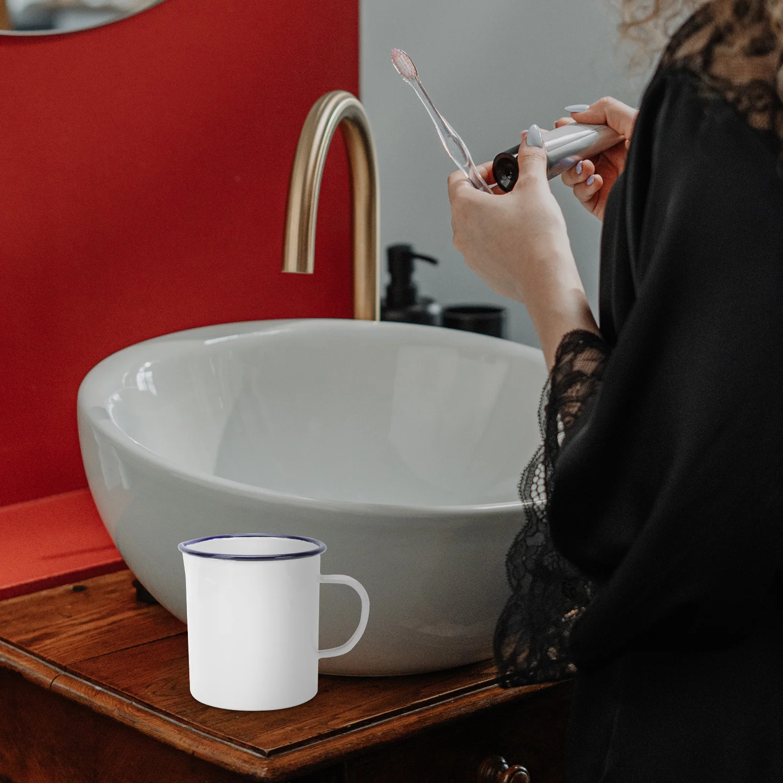 

1pc Enamel Mug 500Ml Black White Retro Cup With Handle Crimping Mark Multi-Functional Drinking Large Capacity Water