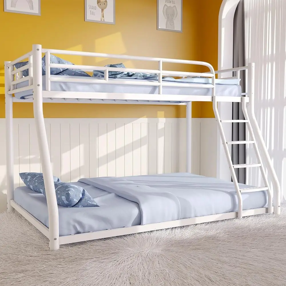 

Space-Saving White Twin Over Full Bunk Bed for Adults and Kids with Low Profile and Safety Rail