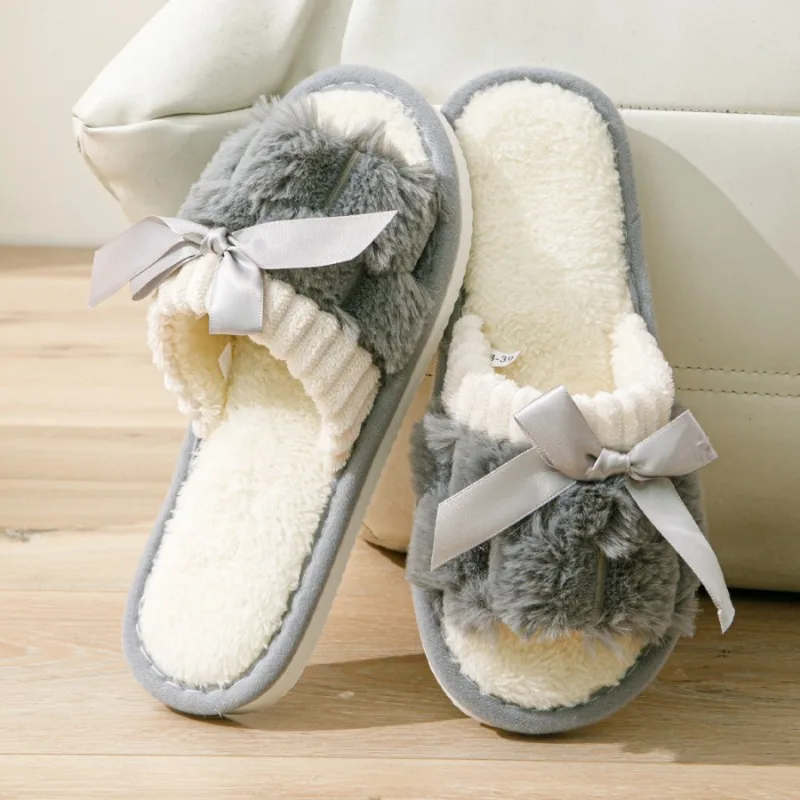 الشتاء النساء جديد القوس نعال قماش الأزواج مريحة مريحة صندل مسطح الإناث ارضيات داخلية عدم الانزلاق الشرائح الهادئة الكبار الأحذية