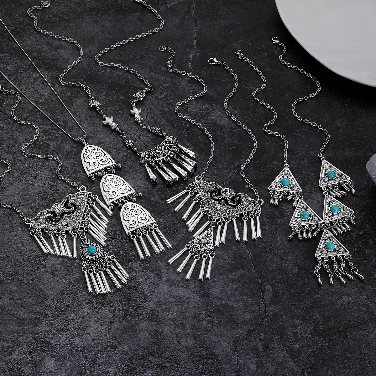 Ethnic Geometric Pendant Long Necklace Women Chokers Collier Femme Silver Color Tassel Indian Jewelry Bohemia Statement Necklace
