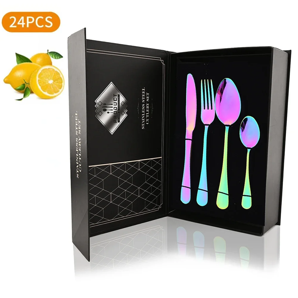 24Pcs High Grade Luxury Rainbow Dinnerware Set Fork Knife Spoon Western Cutlery Set Stainless Steel Flatware Set With Gift Box