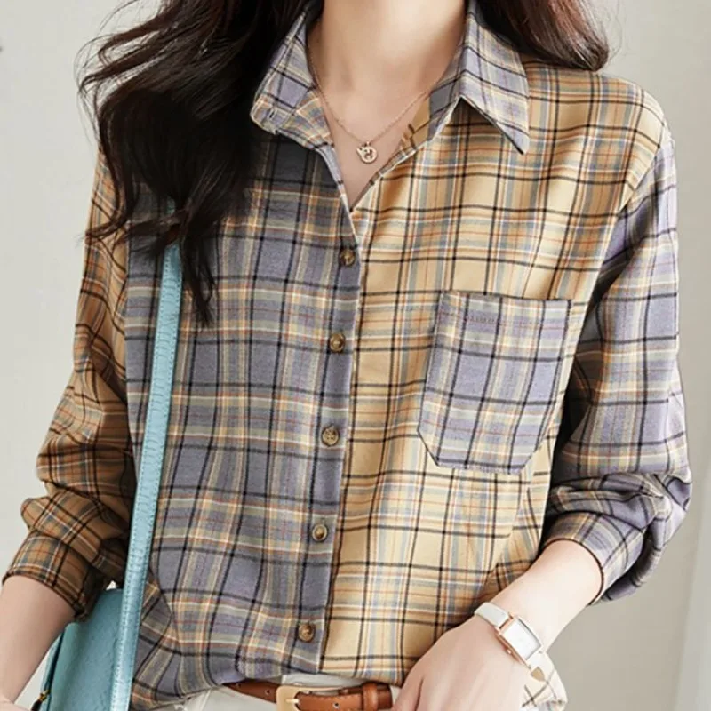 Spring Autumn Women\'s Turn-down Collar Plaid Striped Solid Pocket Button Cardigan Long Sleeve Shirt Coats Fashion Casual Tops