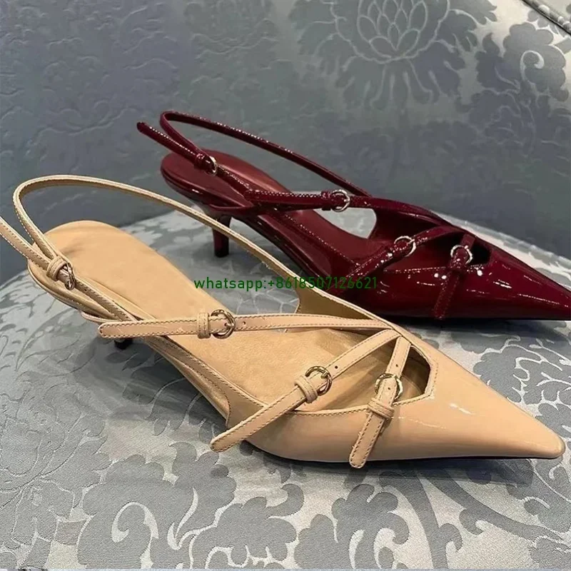 

Лакированная кожа, острый носок, ремешок сзади, высокие каблуки, новый стиль, универсальный утягивающий туфли-лодочки на шпильке с полым тонким ремешком и открытой пяткой