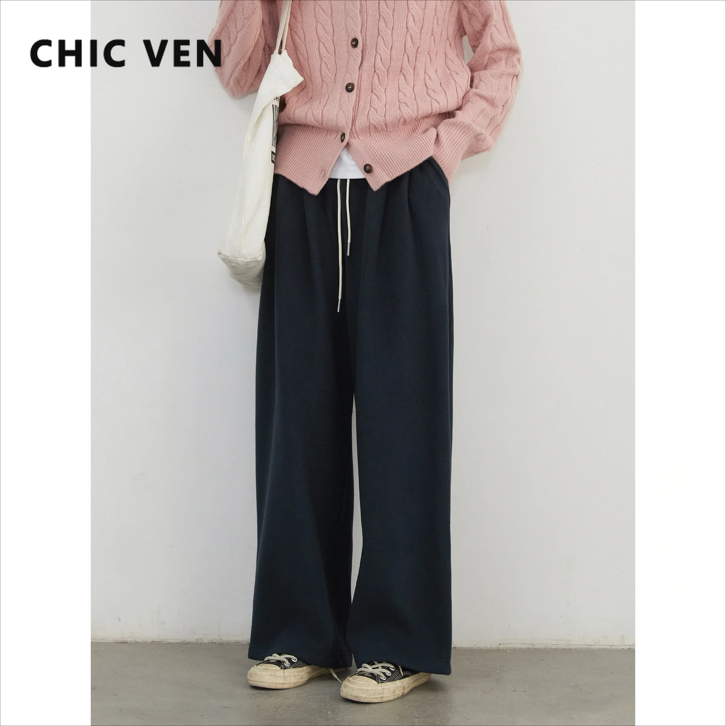 

CHIC VEN Women Pants High Waist Loose New Elastic Waist Casual Female Trousers Thick Wide Leg Pant Autumn Winter 2024