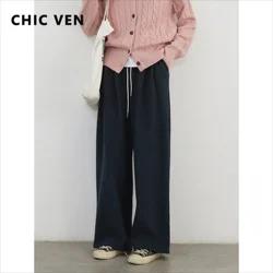 CHIC VEN Women Pants High Waist Loose New Elastic Waist Casual Female Trousers Thick Wide Leg Pant Autumn Winter 2024